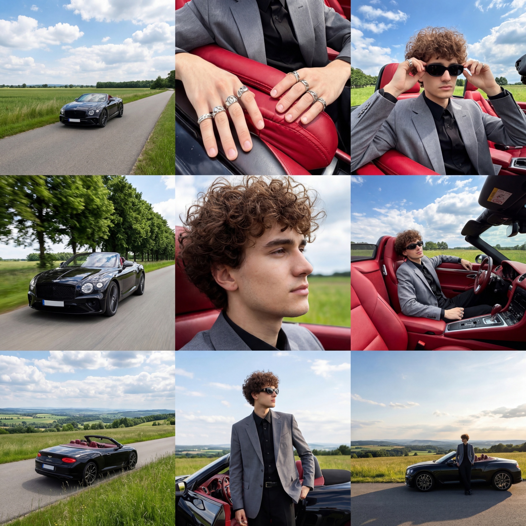 Nine-frame lookbook of a model with a black Bentley convertible on a countryside road